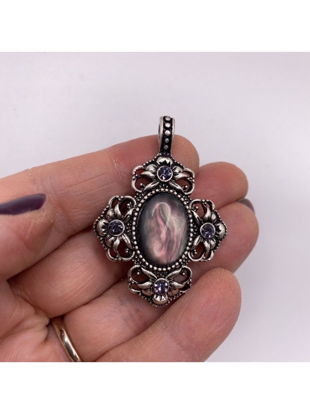Victorian Style Pendant with Lovely Smokey Gray & Pink Stone NWT